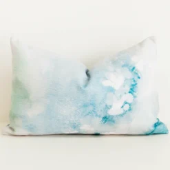 Aqua and teal watercolour floral cushion cover, cotton-linen.