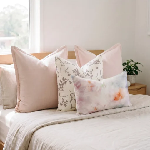 Four-piece cushion set with two blush linen blocks, a botanical print, and a watercolour lumbar, on a bed.