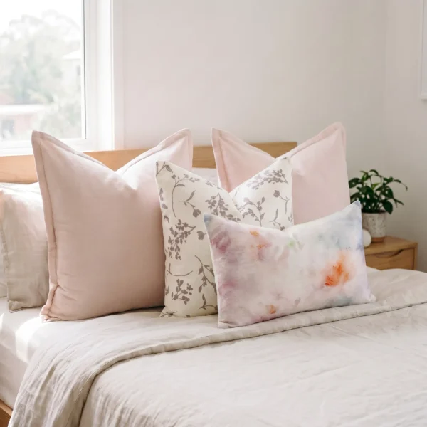 Four-piece cushion set with two blush linen blocks, a botanical print, and a watercolour lumbar, on a bed.
