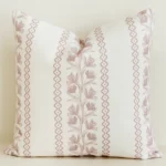 Pink botanical stripe cushion cover with tulip vine pattern.