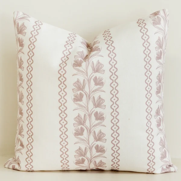 Pink botanical stripe cushion cover with tulip vine pattern.