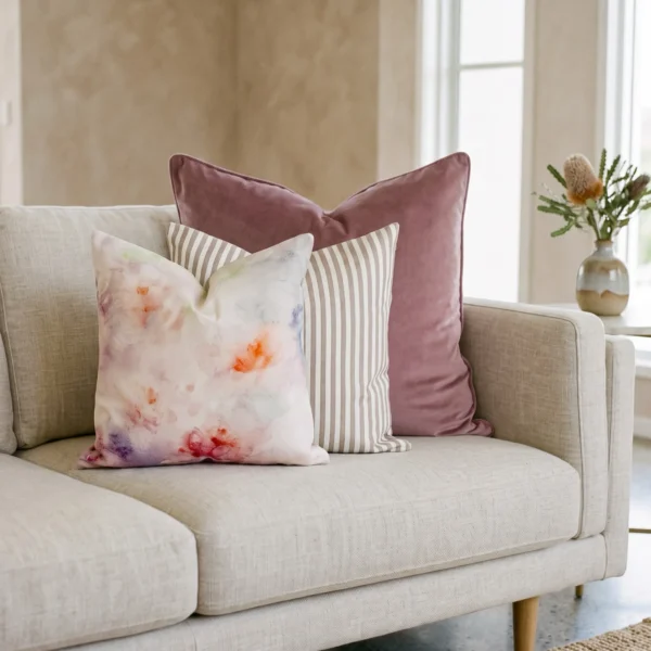 Three-piece cushion set with a blush velvet block, a striped cushion, and a watercolour print, on a couch.